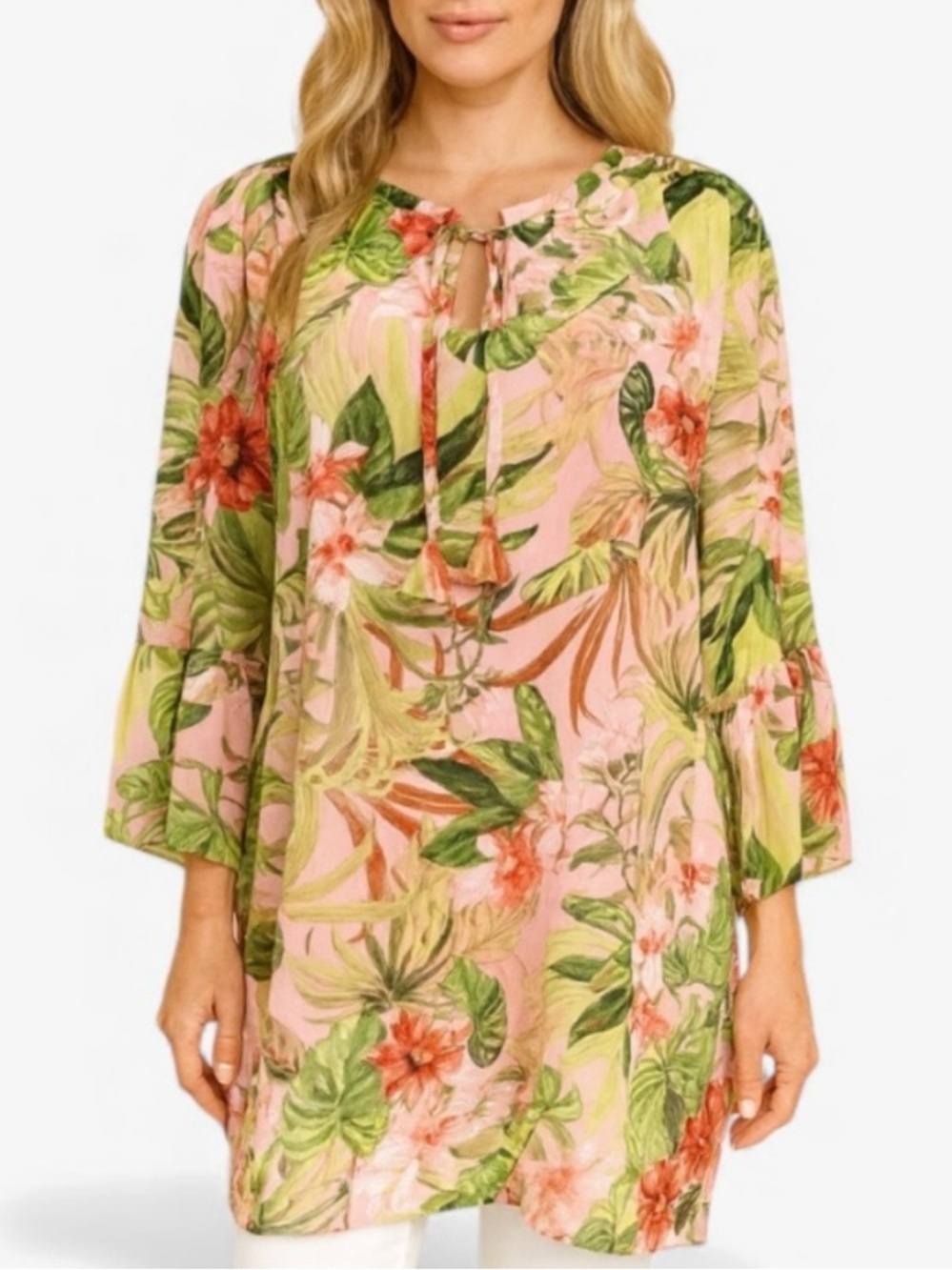 J Jill Pink Seashell Paradise Tropical Floral Chiffon Tunic • Size 2X